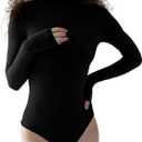 PUMIEY Women's Long Sleeve Bodysuit Mock Turtle Neck Body Suits Going Out Tops Sharp Collection (Large, Jet Black)