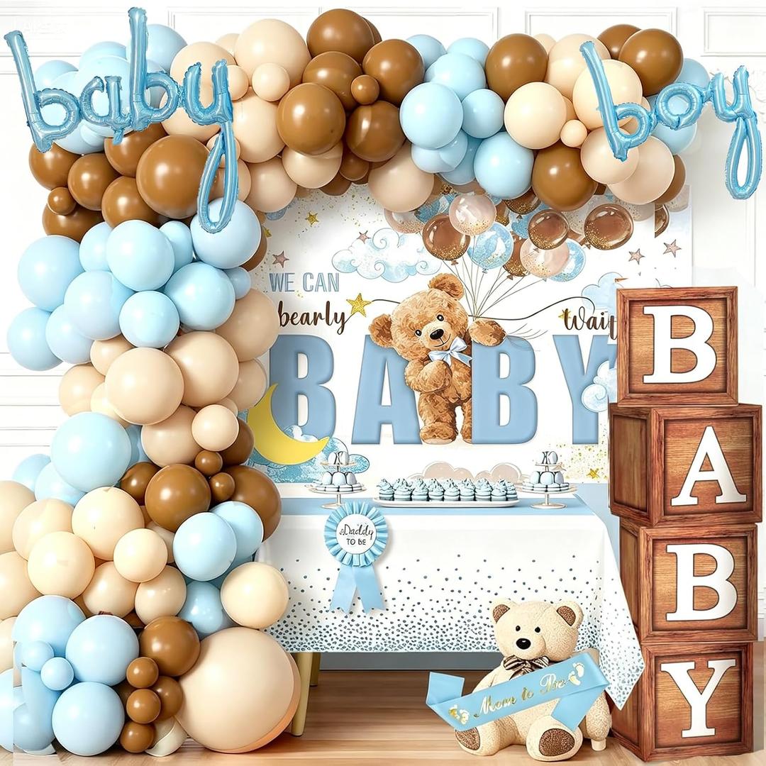 140pcs Teddy Bear Baby Boy Baby Shower Decorations We Can Bearly Wait Party Dusty Blue Brown Balloon Arch | Tacblecloth | Backdrop | 4PCS Baby Box | Baby Boy Foil Balloon | Dad Mom Sash Pin