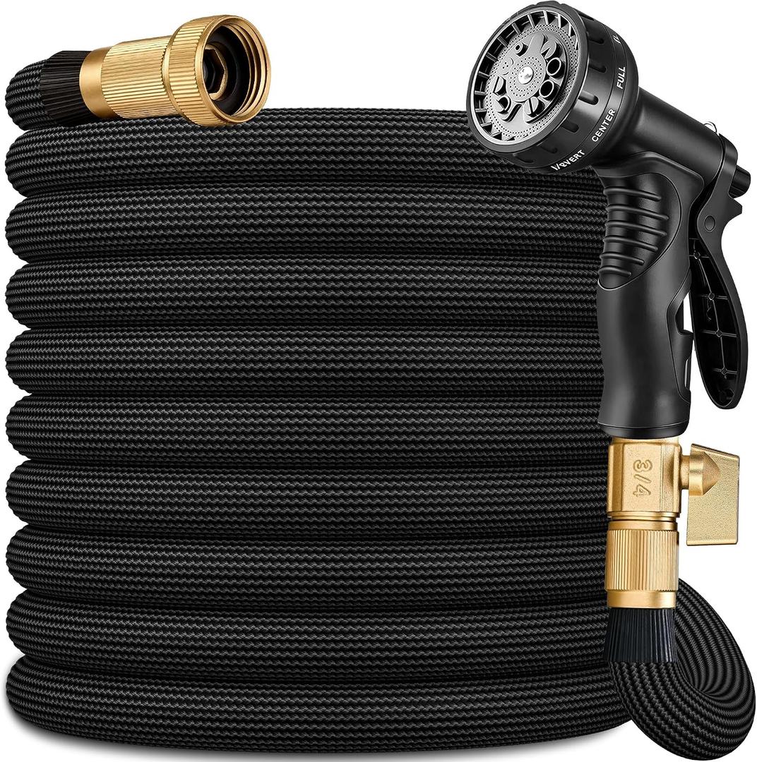 Flexible Garden Hose 50 FT, Ultra Lightweight Water Hoses 50FT w/10 Function Sprayer and 3/4" Brass Fittings, Kink-Free, Sturdy, Abrasion Resistant for Yard, Lawn, Outdoor and Gardening(Black)
