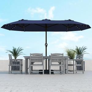 Kingdura 15ft Large Patio Umbrella with Solar Lights, Double-Sided Rectangle Lighted Outdoor Table Umbrella with Base Included, 12 Reinforced Ribs, 48 Led Lights, Crank Lift for Market Pool Deck Backyard, Beige