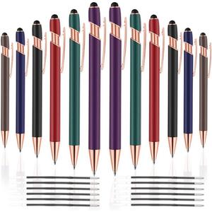 12 PCS 2 in 1 Stylus Ballpoint Pen with Stylus Tip, 1.0 mm Black Ink Metal Pen Stylus Pen for Touch Screens (Mixed Color)