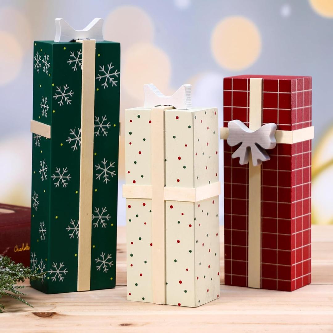 Thyle 3 Pcs Christmas Table Centerpieces 7.9, 6.7, 5.9 Inch Tall Christmas Rustic Wood Presents Faux Blocks Table Decor Tabletop Tiered Tray Decor for Xmas Home Farmhouse Indoor Holiday Party