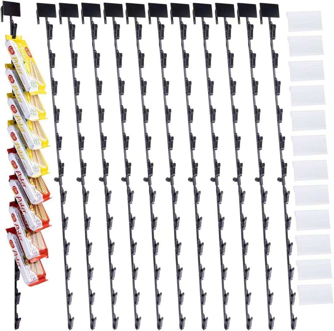 12Pcs Merchandising Hanging Strips with Hooks, 31 Inch Chip Rack with Label Header and 144 Clips, Potato Chip Bag Holder for Party, Concession, Snack & Store Retail Display, Black