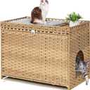 Cat Litter Box Enclosure with Soft Litter Mat; Hidden Cat Washroom Furniture with Door; Handwoven Rattan Kitten House with Large Space; Pet Crate for Living Room, Bedroom, Balcony (Natural)
