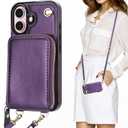 KIHUWEY Crossbody Wallet Case for iPhone 16, Zipper Pocket Case with Card Holder, PU Leather RFID Blocking Protective Cover Case with Kickstand Detachable Wrist Strap Lanyard 6.1" (Purple)