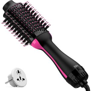 Dual Voltage Hair Dryer Brush with Negative Ion Anti-frizz Styler - Hot Air Volumizer for 110V-120V/220V-240V European and Travel Use (Black/Rose Red)