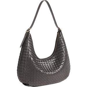 Woven Hobo Bag for Women, Crescent Shoulder Bag, Soft Vegan Leather, Gold Zipper, Daily Work Handbag