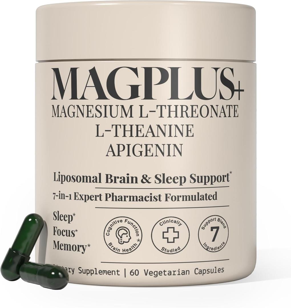 MAGPLUS+ Magnesium L-Threonate w. Apigenin & L Theanine, 1500mg 7-Ingredient Sleep Blend - Brain & Memory Support - Liposomal Magnesium Threonate Supplement - Capsules Supports Health, Rest & Mood 04/2028