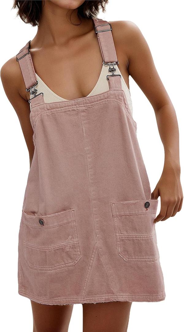 Womens Denim Overalls Dress Casual Summer Jeans Adjustable Strap Short Rompers with Pockets Pink S