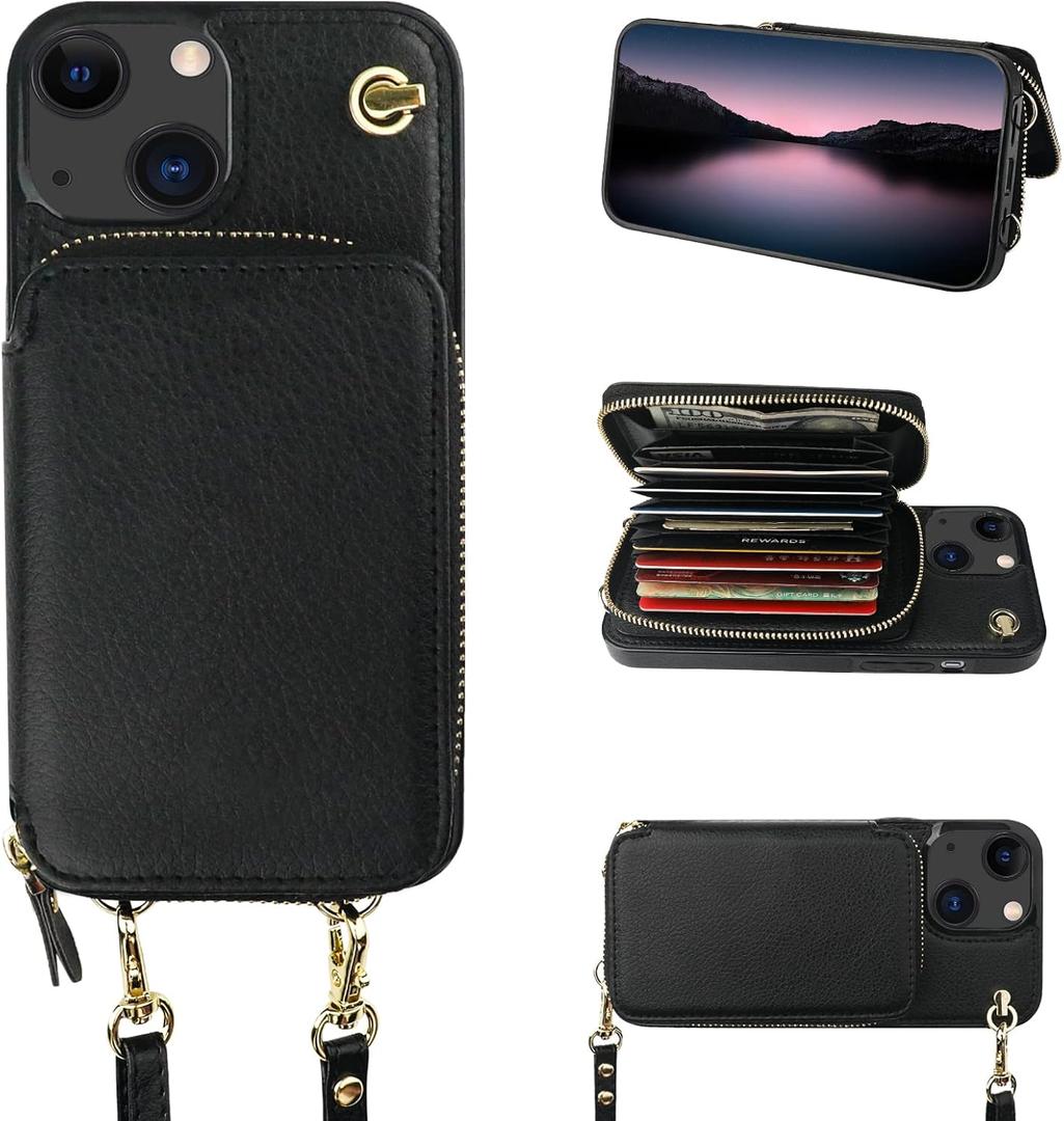 Bocasal Crossbody Wallet Case for iPhone 14 iPhone 13, RFID Blocking Leather Purse Case with Card Holder, Protective Handbag Flip Cover with Zipper Wrist Strap Lanyard for Women 5G 6.1 Inch (Black)