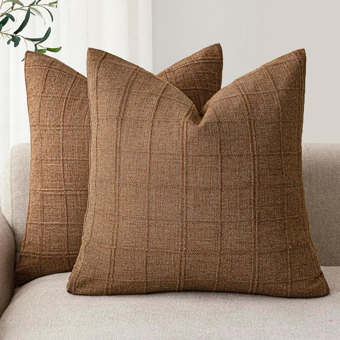 Foindtower Set of 2 Decorative Linen Check Throw Pillow Covers Neutral Farmhouse Vintage Cushion Covers Modern Boho Home Decor for Sofa Chair Couch Bedroom Living Room,2424 Inch,Brown Hazel