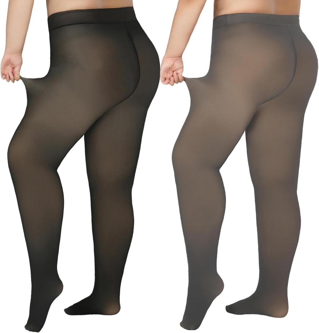 Delcast Plus Size Fleece Lined Tights Women - Fake Translucent Sheer Warm Thermal Pantyhose Leggings for Winter (XXXL)