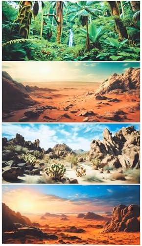 Breling 4 Pcs 48 x 24 Inch Reptile Habitat Background with Nano Glue Gobi Sun Cactus Stone and Green Tree Fern Stream Terrarium Background Polyester Durable Aquarium Accessories