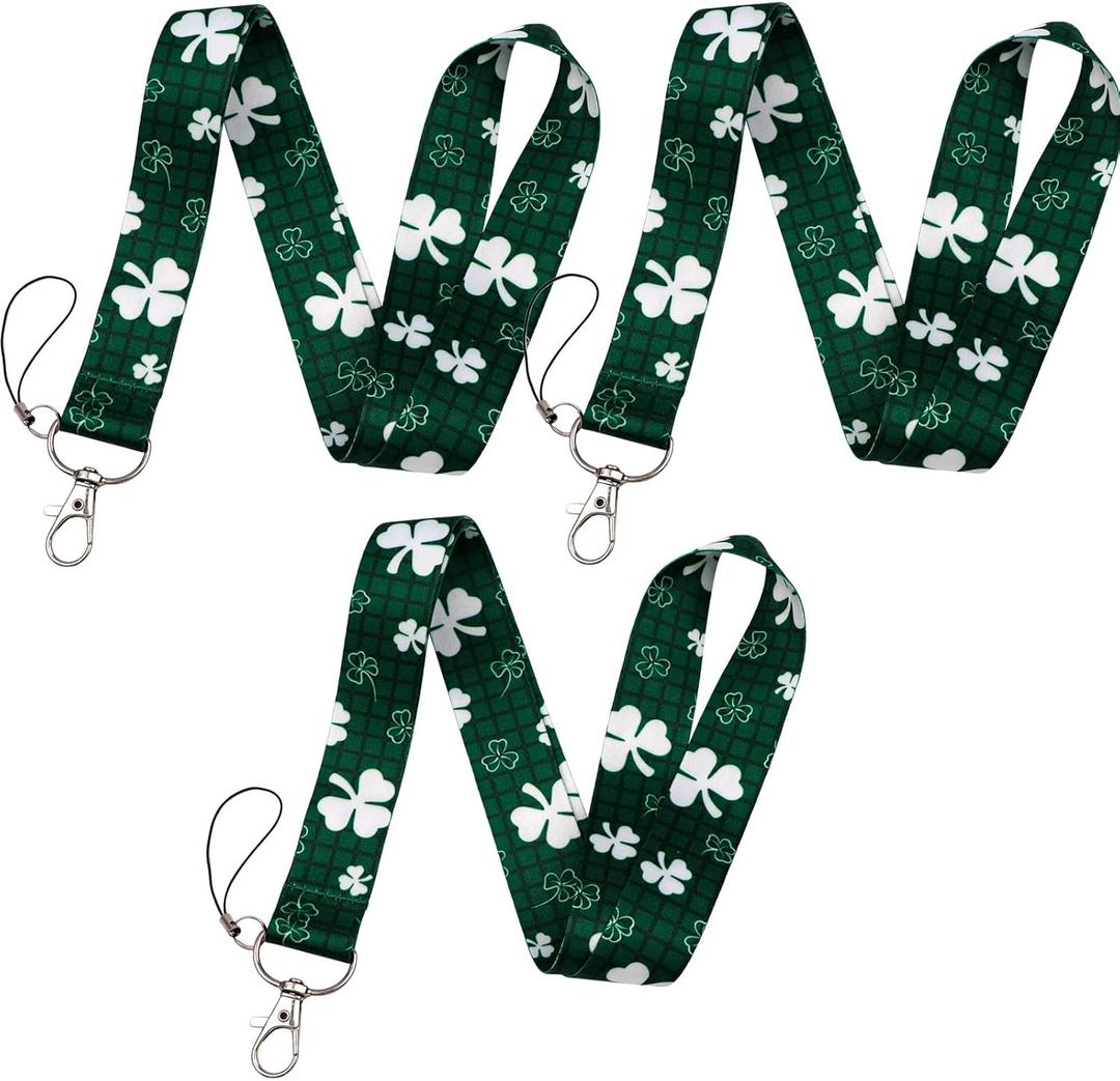 DMLSKY Clover Lanyards for ID Badges Green Plaid Neck Lanyards for Parade Event with Clip for Keys, 1 Inch Wide, 3 Pack