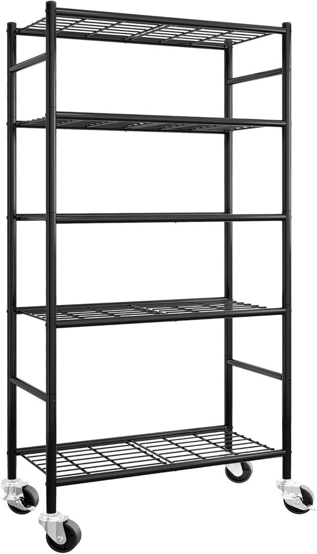 Sakugi Storage Shelves Organizer - 5 Tier Metal Shelf Organizer with Metal Wheels and Adjustable Leveling Feet, Heavy Duty Garage Shelving for Kitchen, Pantry and Closet, 33.1"x12.6"x73.5", Black