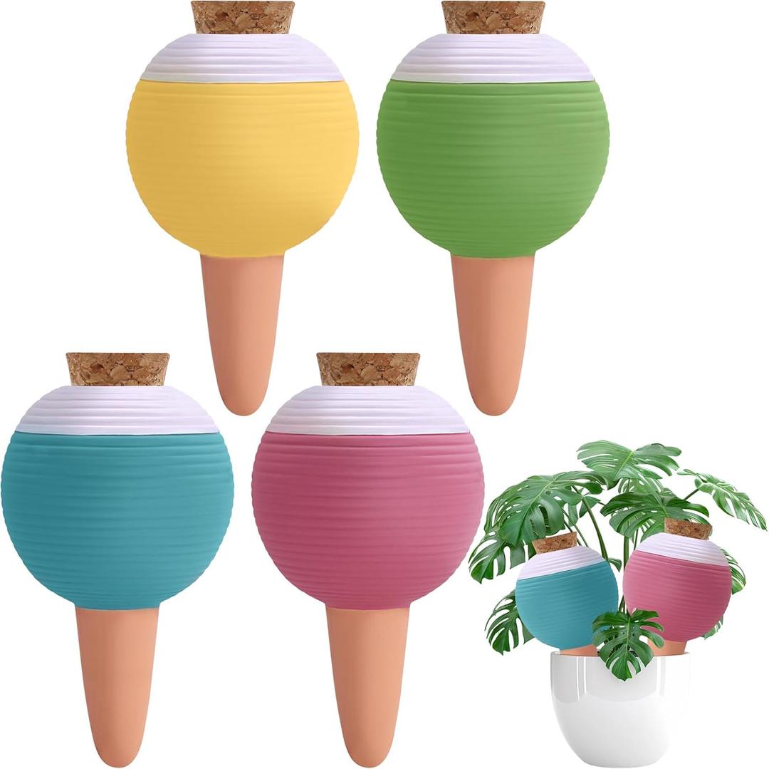 4PCS Plant Watering Globes, Large Terracotta Automatic Watering Stake Devices with Wooden Stopper for Pots, Planters, Indoor, Outdoor