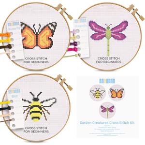 Kraftex Floral Stamped Cross Stitch Kits for Beginners - 3 Pack. DIY Embroidery Needlepoint Patterns for Adults. Easy Cross Stitch Kits for Beginners (Garden Creatures)