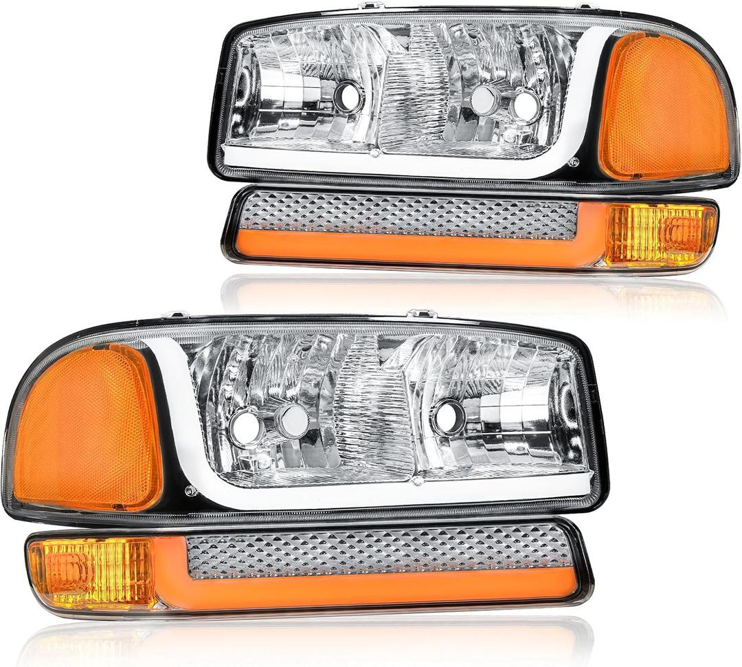 LED DRL Headlight, Headlights Assembly Kit Compatible with 1999-2007 GMC Sierra 1500/2001-2007 GMC Sierra 1500HD 2500HD 3500, Fit 1999-2006 Yukon Headlamp Chrome Housing Amber Reflector