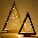 GENMOUS 2 Pcs Wooden Christmas Trees, Small Farmhouse Tabletop Christmas Decor with Light, Triangle Christmas Tree Shaped Decoration for Fireplace Mantel Shelf, Rustic Indoor Bedroom Holiday Decor
