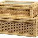 Rattan Display Box for Home Decor with Lid - Rectangular Coastal Bohemian Style Stackable Decorative Storage Box Set - Handmade from Natural Rattan, Cedar & Real Glass
