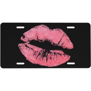 Vintage Kiss Pink Lips Aluminum License Plate Metal Car Front License Plate Cover Car Decor Accessory Novelty Vanity Decoration Tag with 4 Holes Gift for Men Women 6 x 12 Inch (One Size)