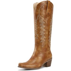 wetkiss Cowboy Boots for Women Knee High Cowgirl Boots Retro Embroidered Chunky Heels Pointed Toe Western Long Tall Boot Pull On (7.5, Brown)