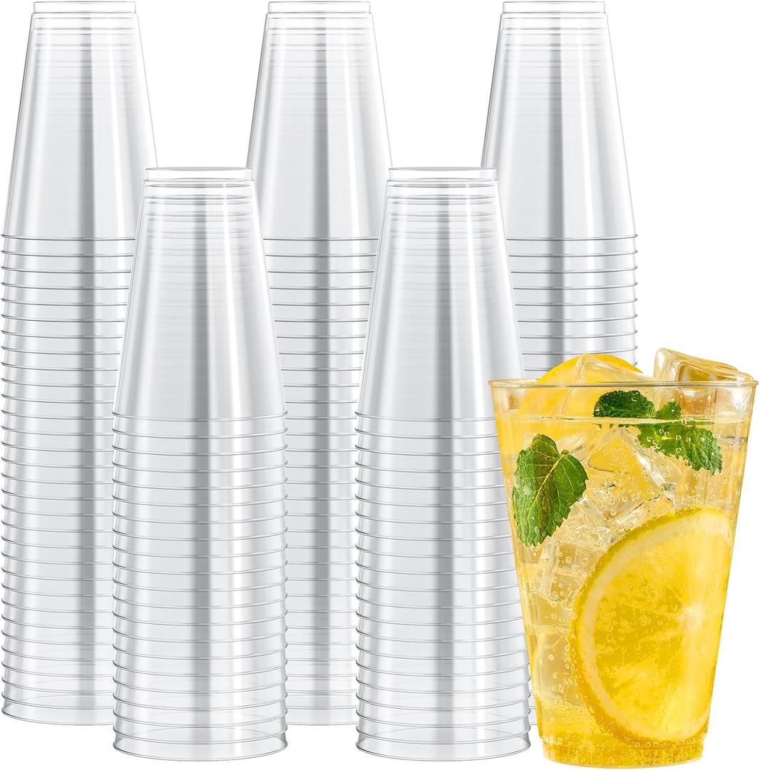 JOLLY CHEF 14 oz Clear Plastic Cups, 200 Pack Heavy-duty Party Glasses, Disposable plastic cups for wedding Cocktails Tumblers, Ideal for Wedding & Party, 3 inches x 4.5 inches