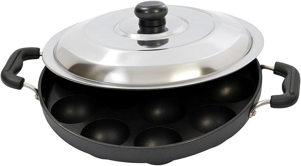 DBY Appam Pan Non Stick Appam Patra 12 Pits Appam Maker Aebleskiver Paniyaram Stuffed Pancakes Poffertjes Pastry Takoyaki Octopus Balls Appachetty with 2 Side Handle And Stainless Steel Lid