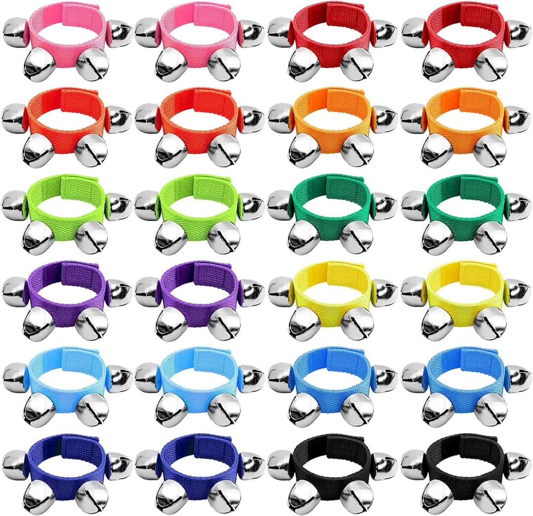 24 Pcs Wrist Band Jingle Bells, 12 Colors Band Wrist Bells Ankle Bells, Adjustable Musical Hand Bells Jingle Bell Bracelets for Kids, Rhythm Instrument Percussion Christmas Party Favors