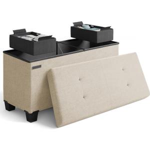 Storage Ottoman Bench with Bins, 30-in Storage Bench for Bedroom End of Bed, Folding Foot Rest Ottoman for Living Room Max 660lbs, Fabric Ottomans, Beige, 15"D x 30"W x 15"H