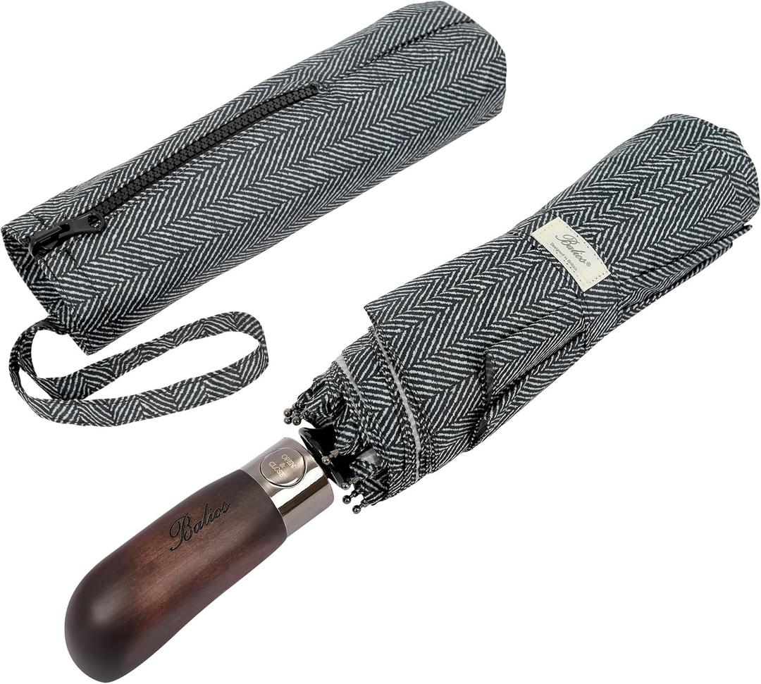 Travel Folding Umbrella with Real Wood Handle Auto Open Close Vented Windproof Canopy - Designed in UK (Herringbone Classic Black)