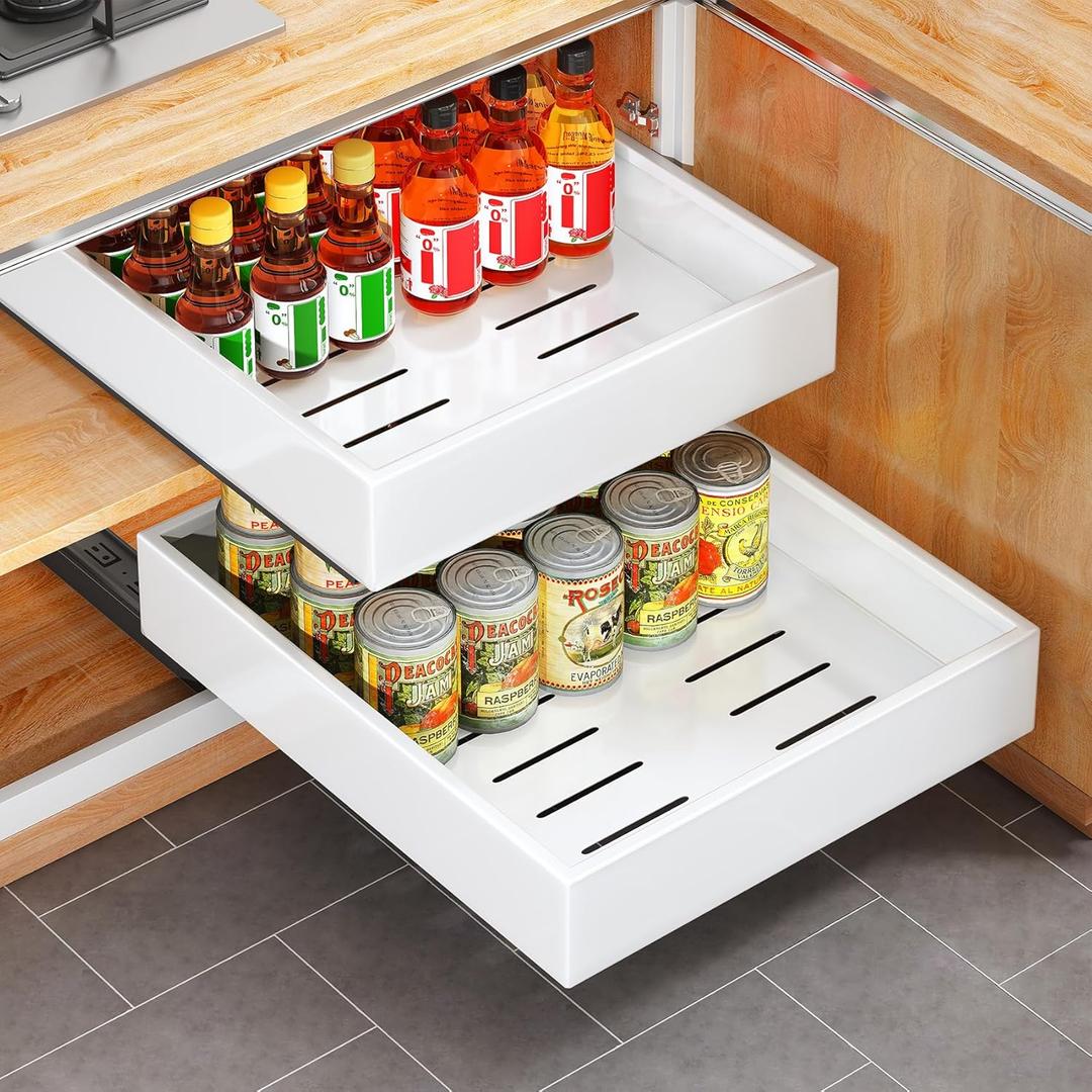 Pull out Cabinet Organizer, 21"Deep, Heavy Duty Full-Extension Slide out Drawers for Kitchen Cabinets with Nano Adhesive, Roll Out Shelf Sliding Cabinet for Pots, Bathroom, Pantry, Under Sink, White (13.8"Wide-21"Deep (1Pack)