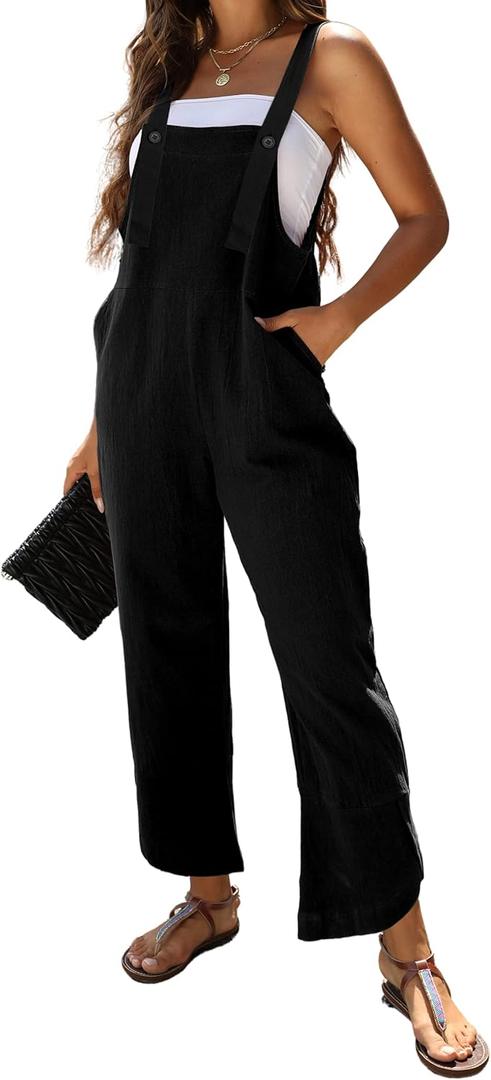 Omoone Women Sleeveless Straps Baggy Jumpsuit Overalls Casual Summer Bib Rompers Pockets (Medium, Black)