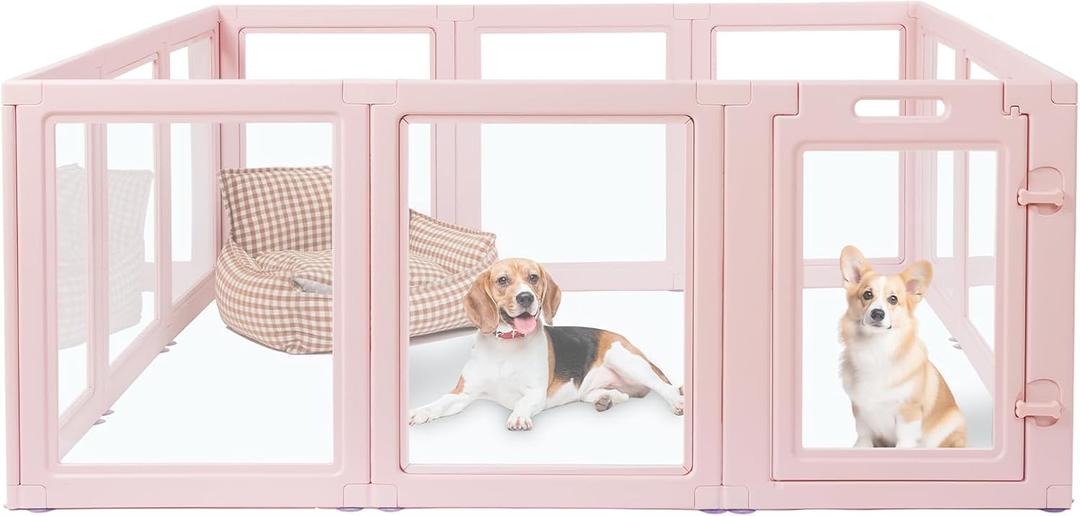 2 Pcs DIY Clear Acrylic Dog Playpen House,Quick Easy Assembly and Disassembly,Strong Floor Suction,Indoor and Outdoor Use,Easy Cleansing Puppy Fence (Skin Pink, 23.6" H, 2PCS)