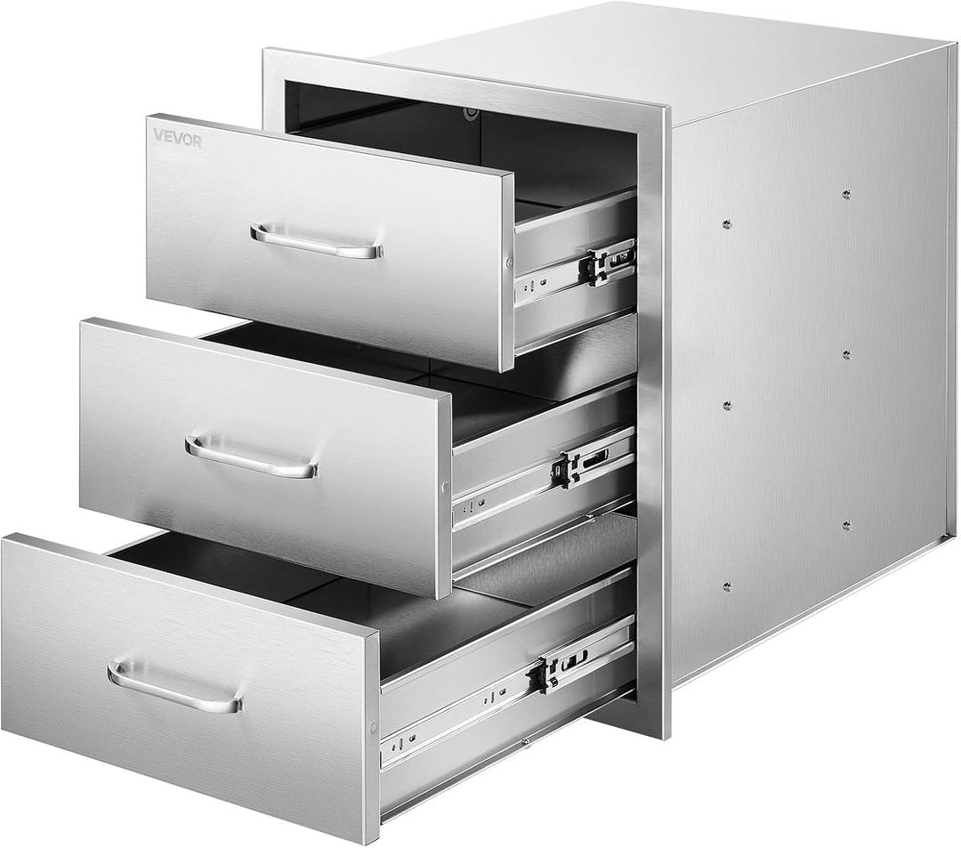 VEVOR Outdoor Kitchen Drawers 18.11" W x 23.23" D x 23.23" H, Triple-Access Stainless Steel Modular Drawer Cabinet with Handles, BBQ Island Drawer for Outdoor Kitchen or BBQ Island Patio Grill Station