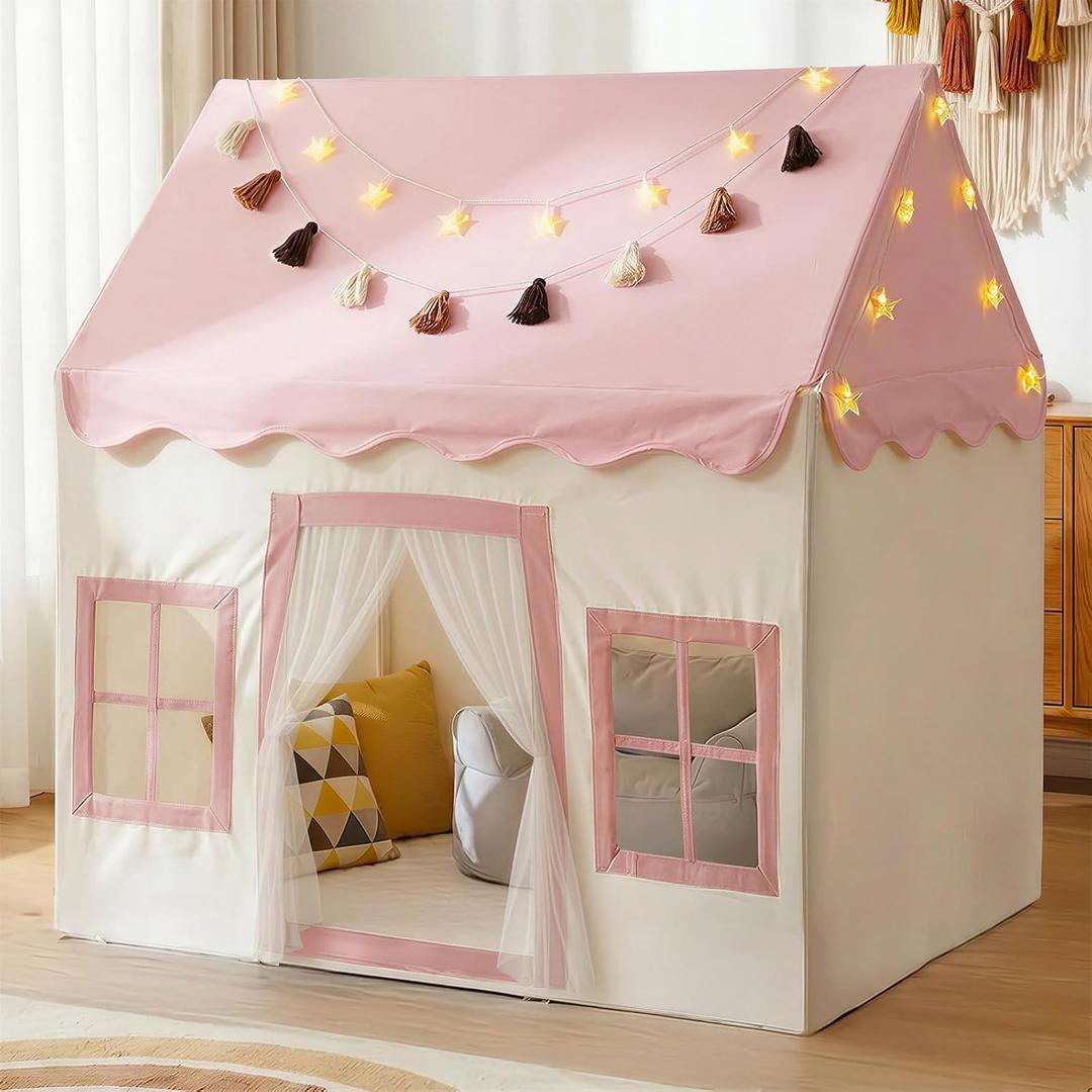 Little Dove Kids Play Tent with Mat, Star Lights, Tassel Garland, Kids Playhouse with Windows Easy to Wash, Play Tents for Indoor and Outdoor Use, Toys for Girls, Boys, Birthday Gift, Pink, Medium Size