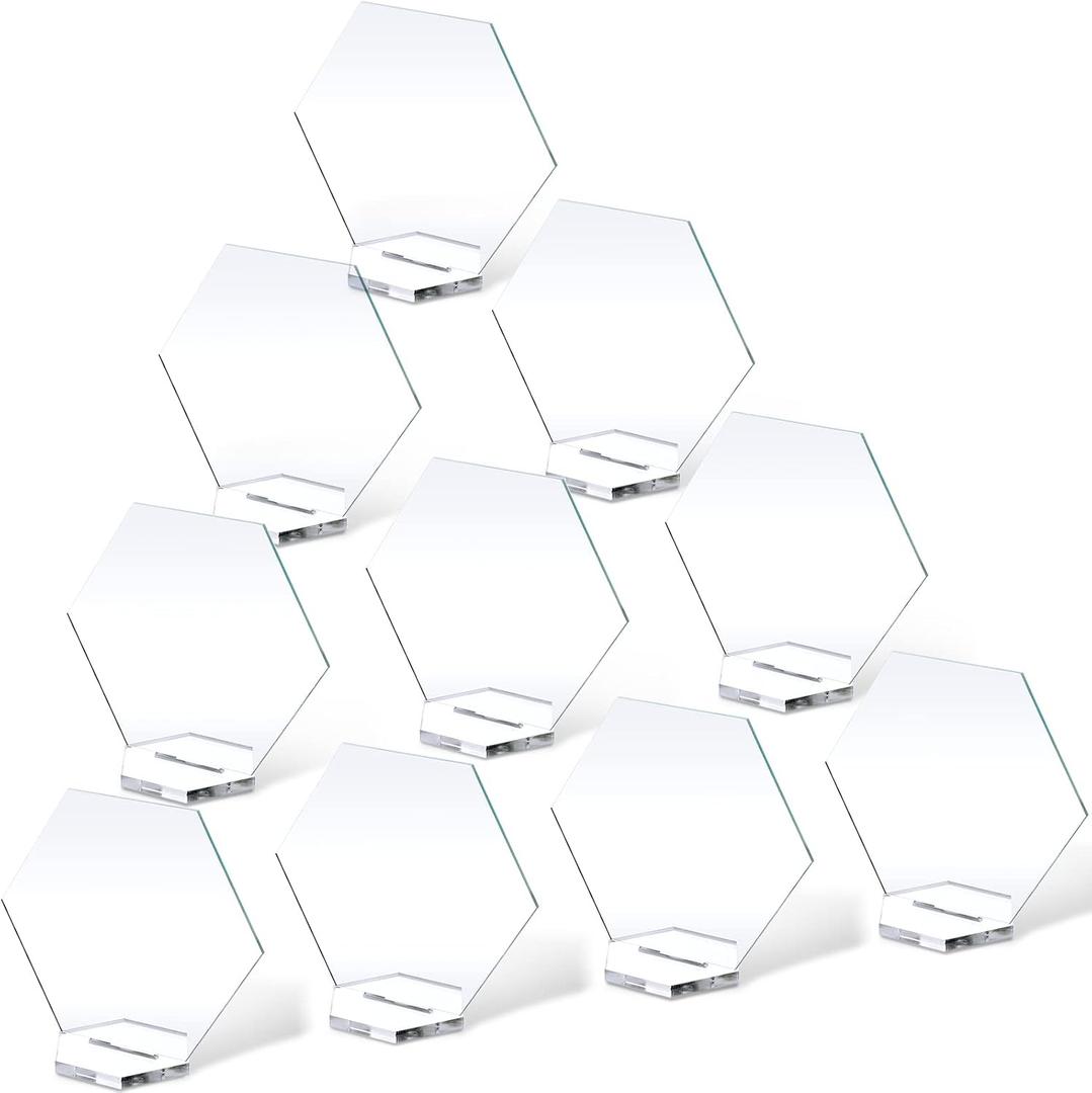 Zonon 10 Pcs Hexagon Acrylic Table Numbers Clear Blank Wedding Place Card with Holder Sublimation DIY Name Seating Sign for Wedding Reception Table Setting Banquet Party Decor(Classic Style,10 Pieces)