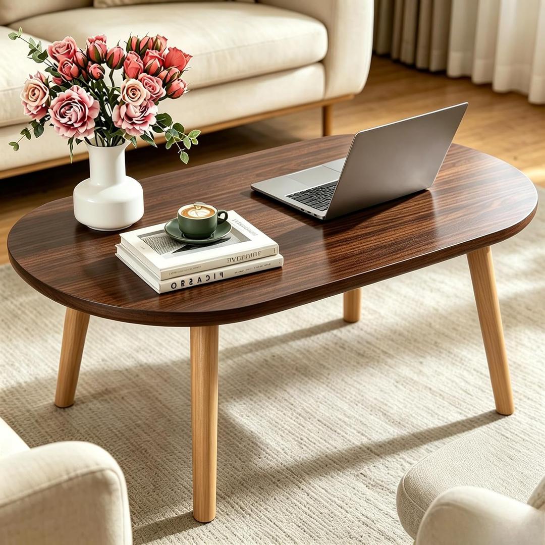 Coffee Table, 31.5" Oval Low Coffee Tables with Solid Wood Legs Walnut, 31.5"D x 19.7"W x 16.3"H