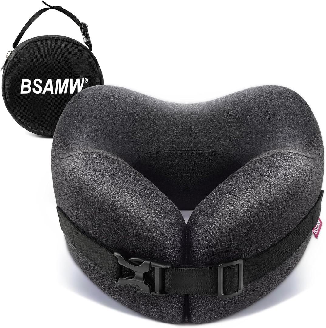 Travel Neck Pillow for Airplane  Vacuum Compressed Memory Foam, Ergonomic Neck Support, Soft & Washable Cover, Travel Accessories for Sleeping in Flight, Car, Train, Office Use (Black)