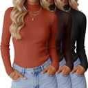 Xaatren 3 Pack Women's Mock Turtleneck Tops Ribbed Long Sleeve Shirts Mock Neck Slim Fit Undershirt Casual Basic Layering Tee (Black, Brown, Pumpkin)