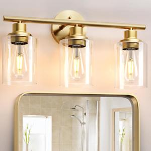 Brush Gold Bathroom Vanity Light - 3-Light Bathroom Light Fixtures with Clear Glass Shades, UL Certification & E26 Base, Gold Bathroom Vanity Light Over Mirror