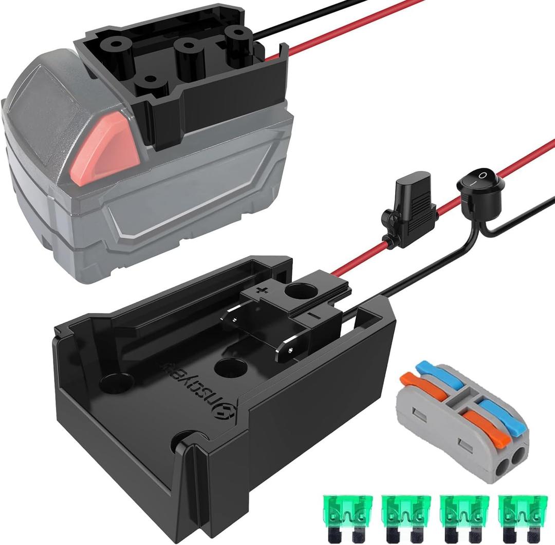 Power Wheel Adapter with Fuse&Switch for Milwaukee 18V Battery, Non-Blown Tight Battery Adapter with 4Pcs 30A Fuse and Wire Terminal, 12 AWG Wire, DIY Use for Truck, Robotics, and Work Lights