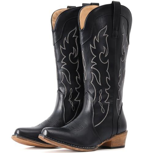 IUV Cowboy Boots for Women Mid Calf Fashion Cowgirl Boots with Embroidery Western Snip Toe 8