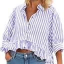 Cicy Bell Womens Cropped Striped Button Down Shirts Ruffle 3/4 Length Sleeve Summer Tops Dressy Casual Blouses (Purple), Size L
