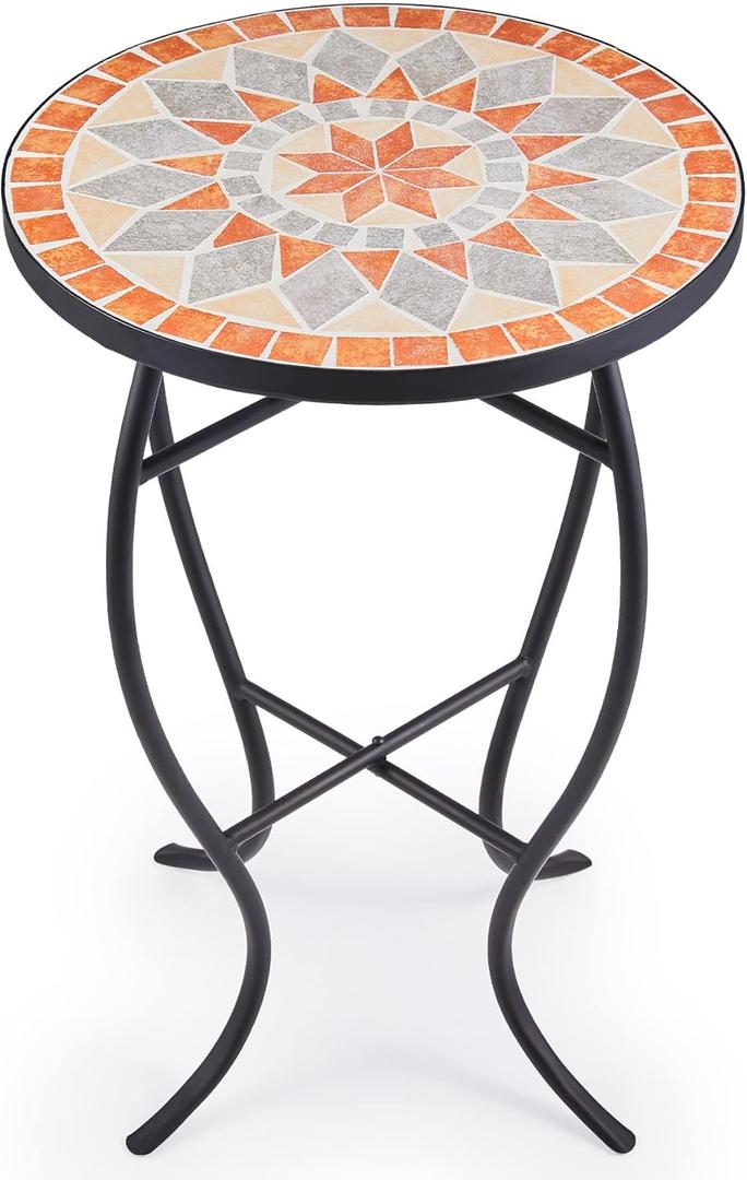 VONLUCE Mosaic Side Table and Plant Stand, 21" Round End Table with 14" Ceramic Tile Top, Indoor and Outdoor Accent Table, Porch Patio Furniture, Entryway & Coffee Table for Home & Garden, Quilt Star