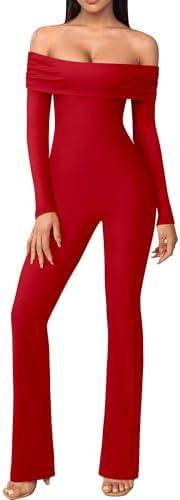 DAAWENXI Women's Sexy Off Shoulder Long Sleeve Jumpsuit Dressy Bodycon One Piece Outfits Rompers, L