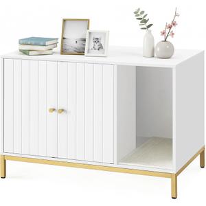 Feandrea Cat Litter Box Enclosure, Hidden Litter Box Furniture with Scratch Pad, Front Entry, Double Cabinet Doors, Modern Style, 31.5" Cat House Washroom Side End Table, White and Gold