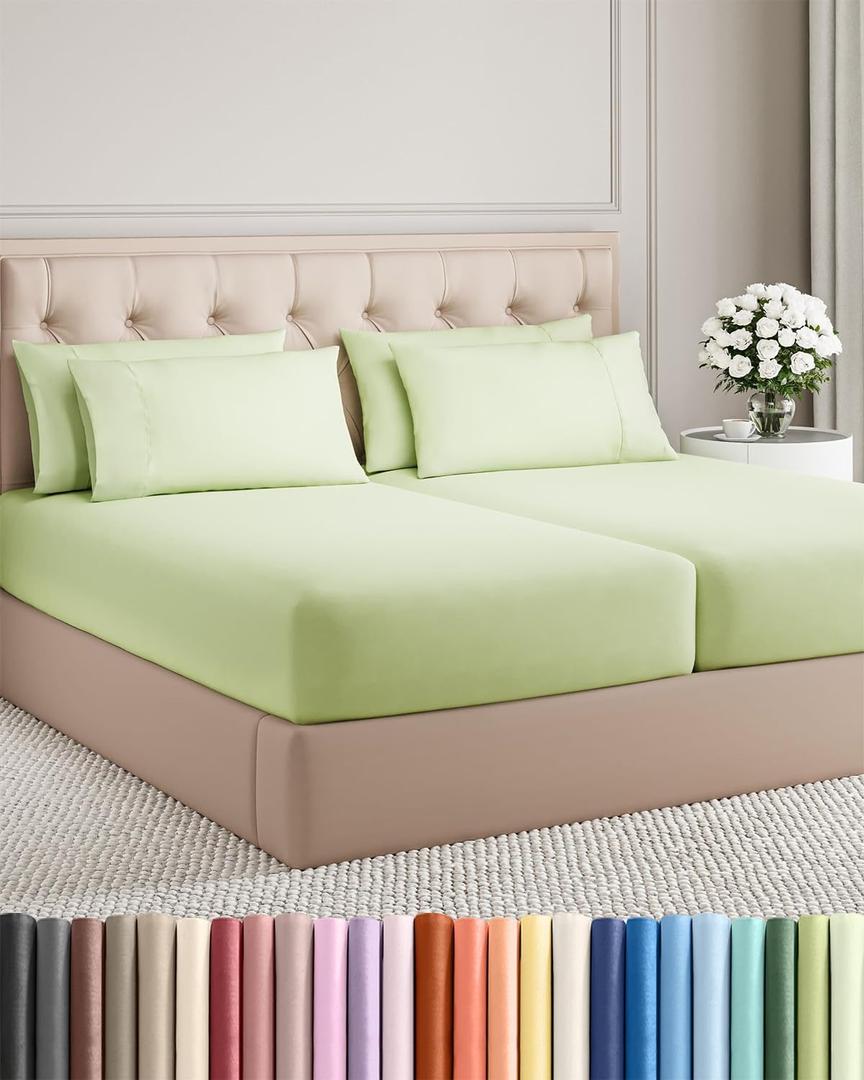 Split King 7 Piece Sheet Set - Comfy Breathable & Cooling - Soft Hotel Luxury Bedding Set with 8-16 Inch Deep Pockets - 1 Flat & 2 Fitted Sheet & 4 Pillowcases - Wrinkle Free & Easy Care - Light Sage