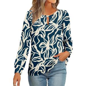 AKEWEI Womens Fall Long Sleeve Tops Work Casual Dressy Shirts for Women Keyhole Pleated Puff Sleeve Blouse (XL)