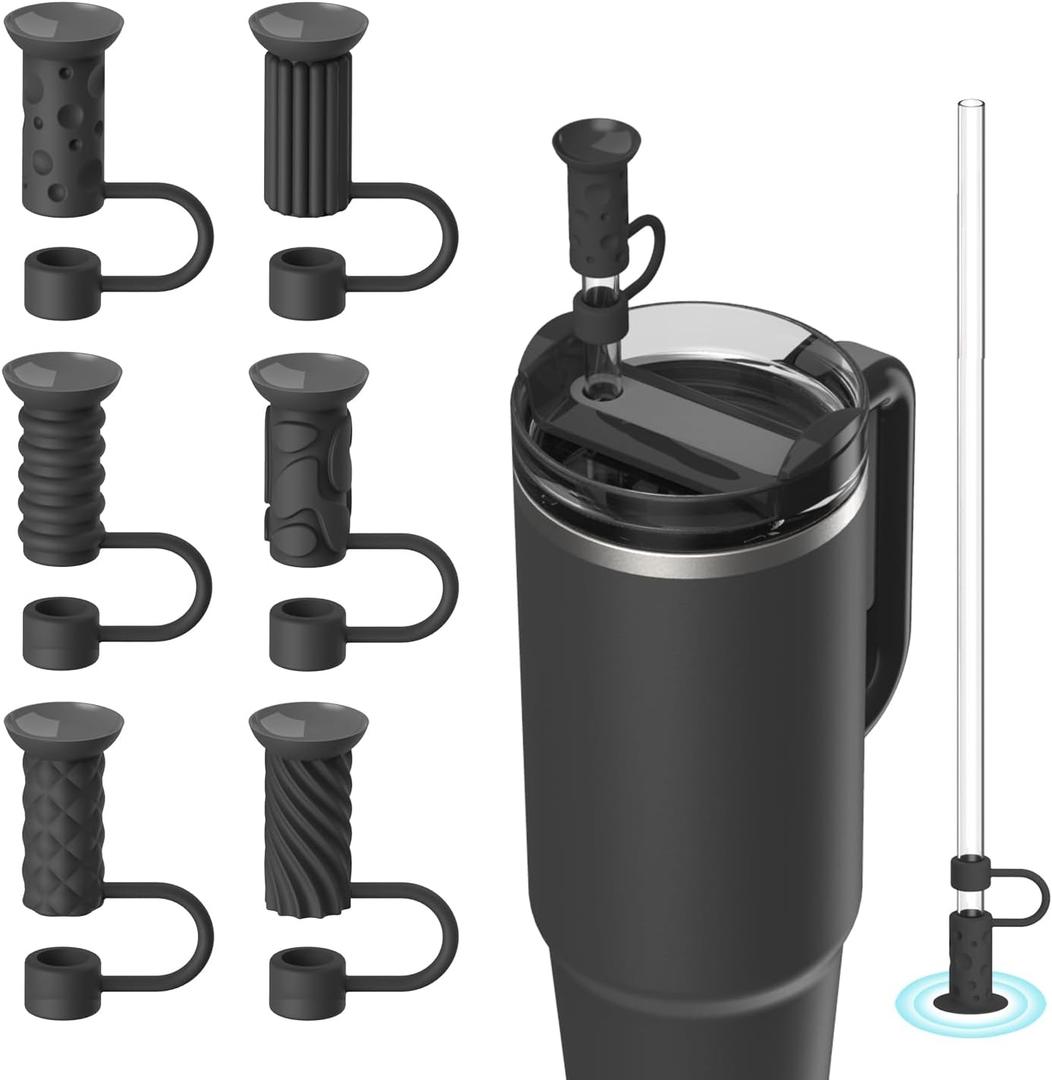 6 Pcs Straw Cover Caps with Suction Base, 0.4in/10mm Straw Toppers for Stanley Cup 30/40 oz, Black